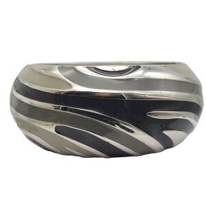 Silver Tone Clamper Bracelet Multi Gray Enamel Chunky Swirl Stripe Bangle Hinged